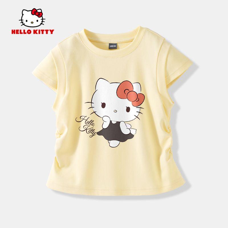 Hello Kitty Children's Short-Sleeved T-Shirt, Summer Girls' Base Shirt, Stylish Waist-Cinching Half-Sleeve Top for Girls
