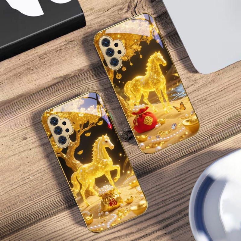 The Golden Fighting Horse For Samsung A 31 32 33 34 35 14 15 13 16 25 26 50 52 53 54 55 56 70 71 72 73 Golden Glass Phone Case
