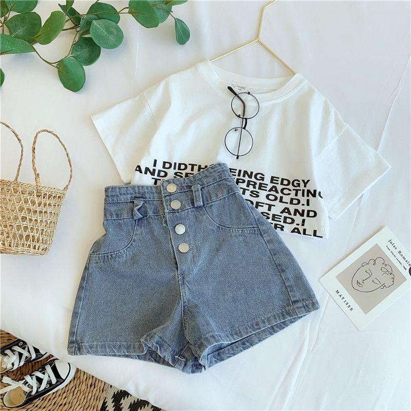 

Комплект детской одежды из 2 предметов, весенне-летние костюмы для девочек, джинсовые шорты с высокой талией, топы со средними рукавами и буквенным принтом, комплект одежды 150 белый