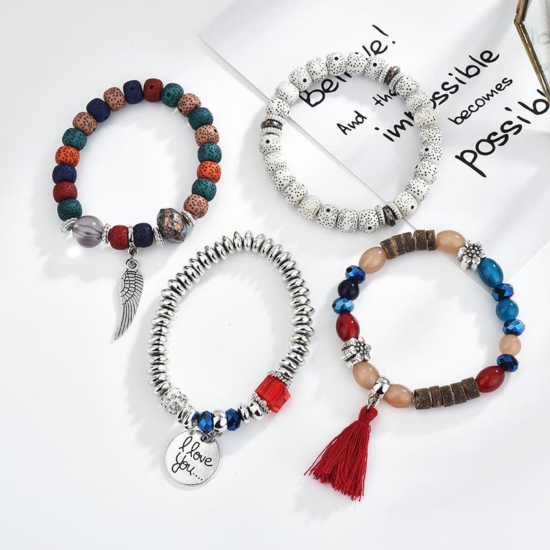 Ethnic Wind Wings Bracelet Round Card Letters Multilayer Tassel Beaded Bracelet Vintage Bracelet