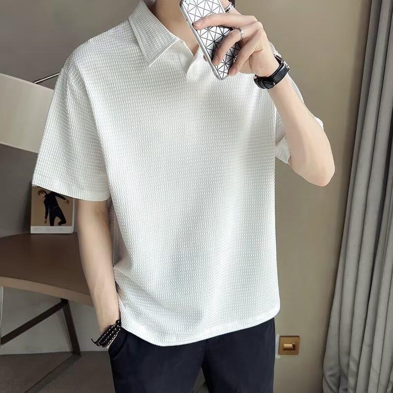 Men's Japanese Retro Loose-Fit Polo T-Shirt - High-End Summer Trend with Collar and Short Sleeves