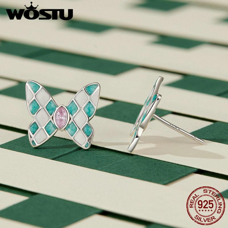 WOSTU Jemné náušnice motýlci ze sterlingového stříbra 925 s diamantovým vzorem pro ženy, jemné šperky