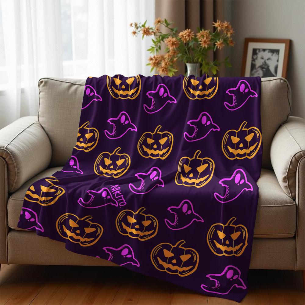 Purple Halloween Pumpkin Ghost Soft Flannel Blanket Breathable Warm Throw for Office Car Sofa Kids Room Birthday Xmas Gift