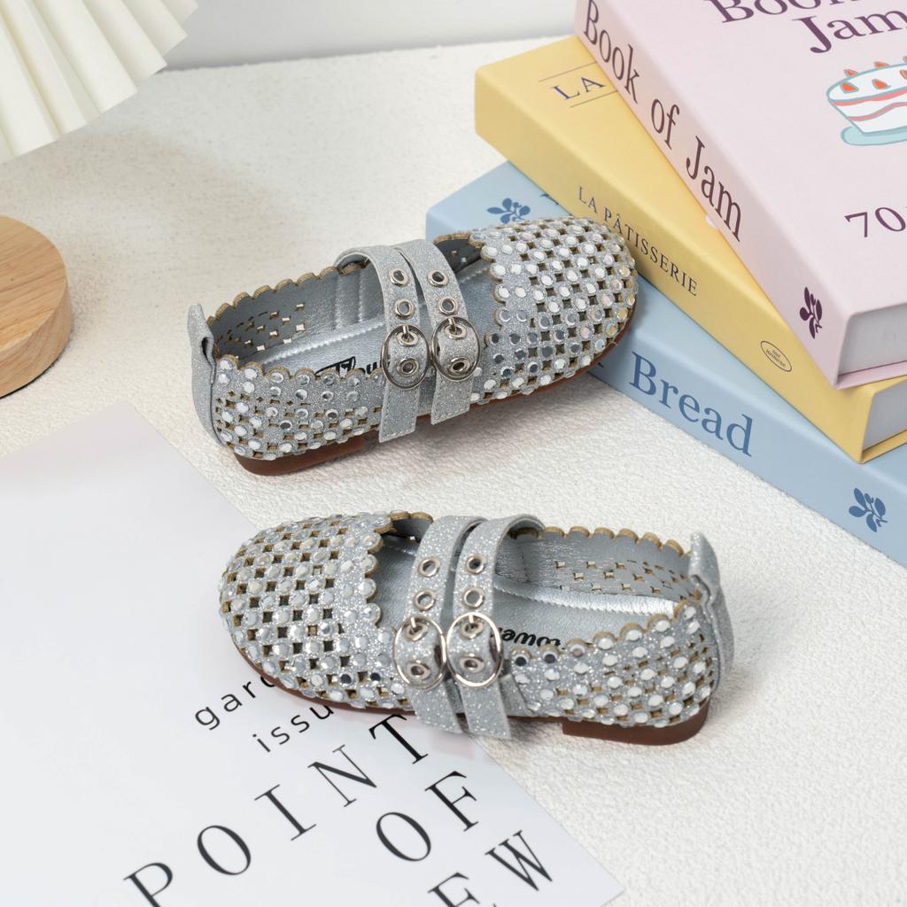 Girls Flat Shoes Shiny Crystal Cut-outs Children Princess Dance Shoes Soft Sole 2025 Summer New Kids Leather Shoes Sweet Cute