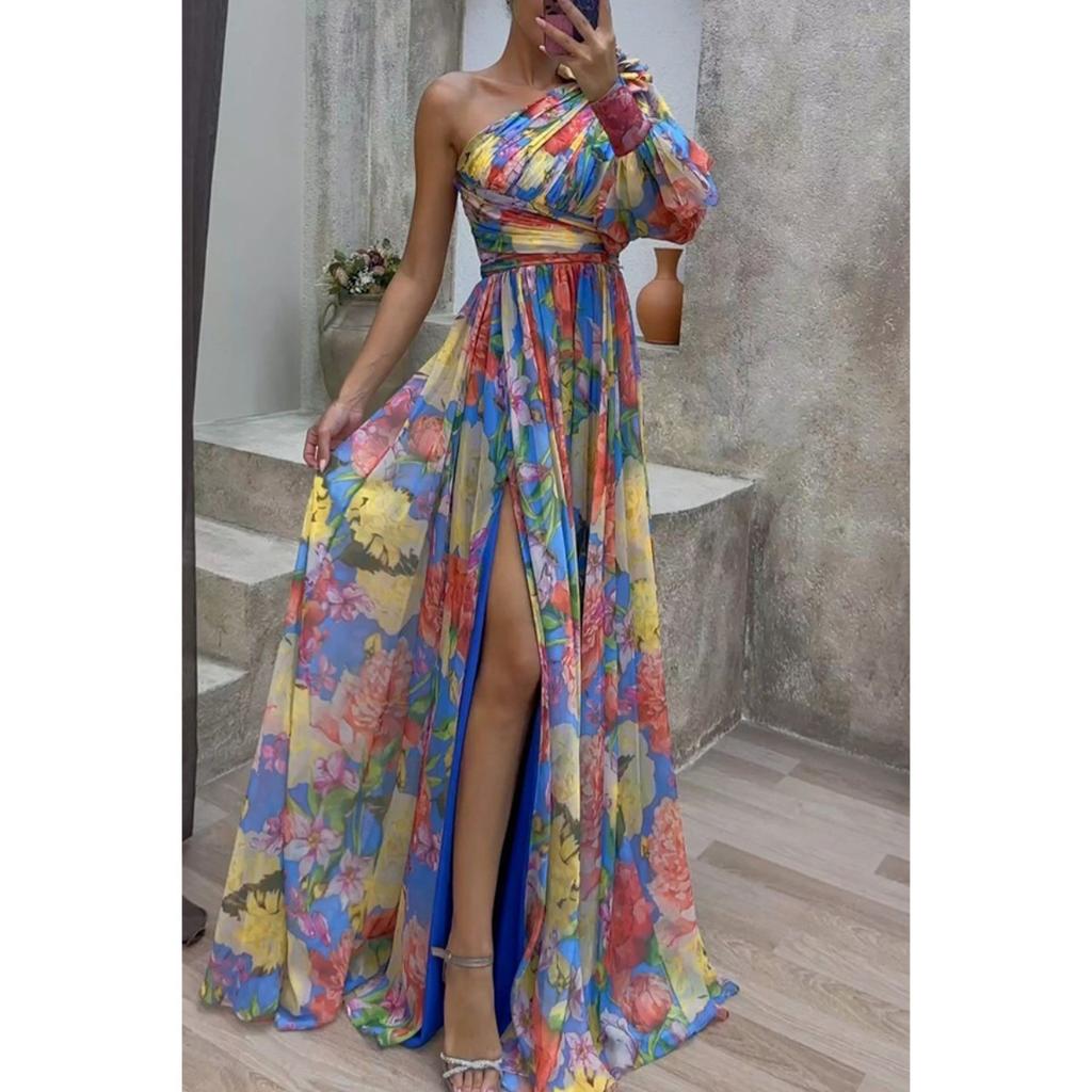 Abito Maxi da Donna Monospalla a Manica Lunga Ampio Vita Media Stampa Floreale Spacco Laterale Abito Estivo da Vacanza