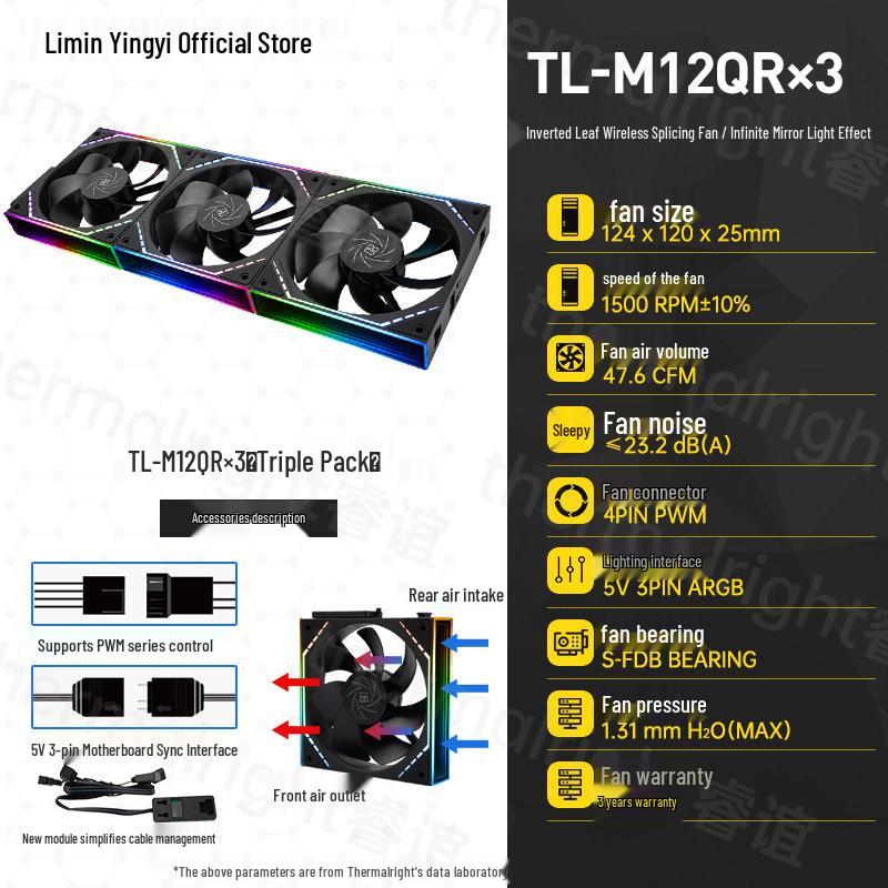 Thermalright TL-M12Q X3 Black ARGB Wireless Interlocking 3-Fan Set with Infinity Mirror Frame (12CM).