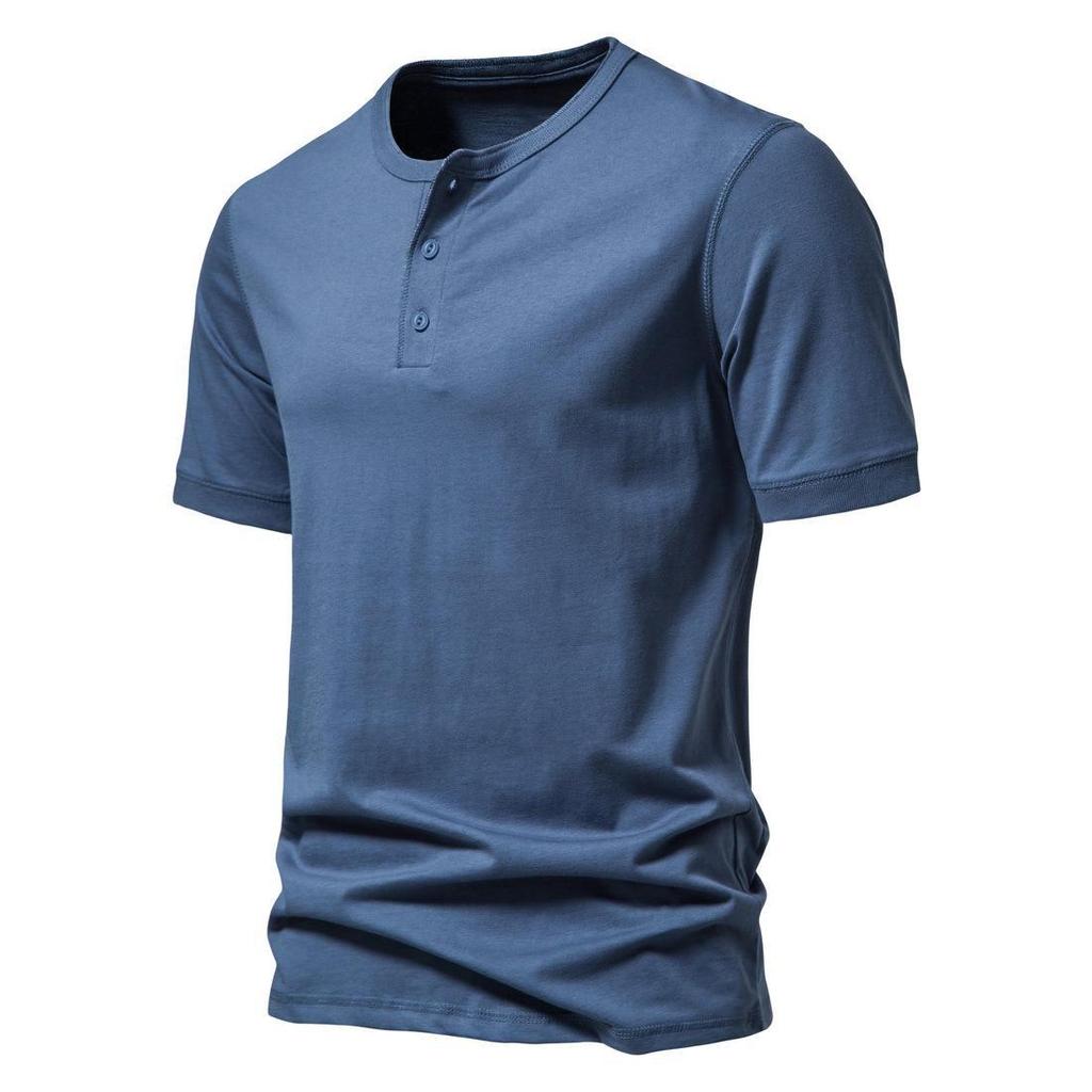 Pánské jednobarevné americké letní jednobarevné tričko Henley s polovičním rukávem - trendy sportovní oblečení pro volný čas