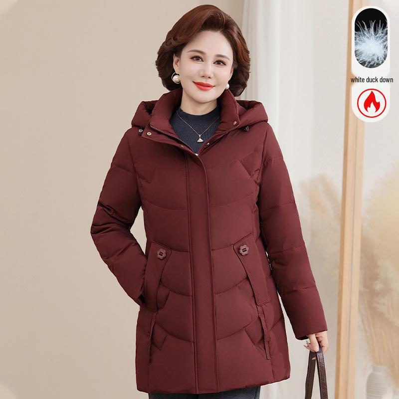 Women s Mid-Length Hooded Down Jacket - Warm White Duck Down Coat for Middle-Aged and Elderly 6XL (Under 170 jin)