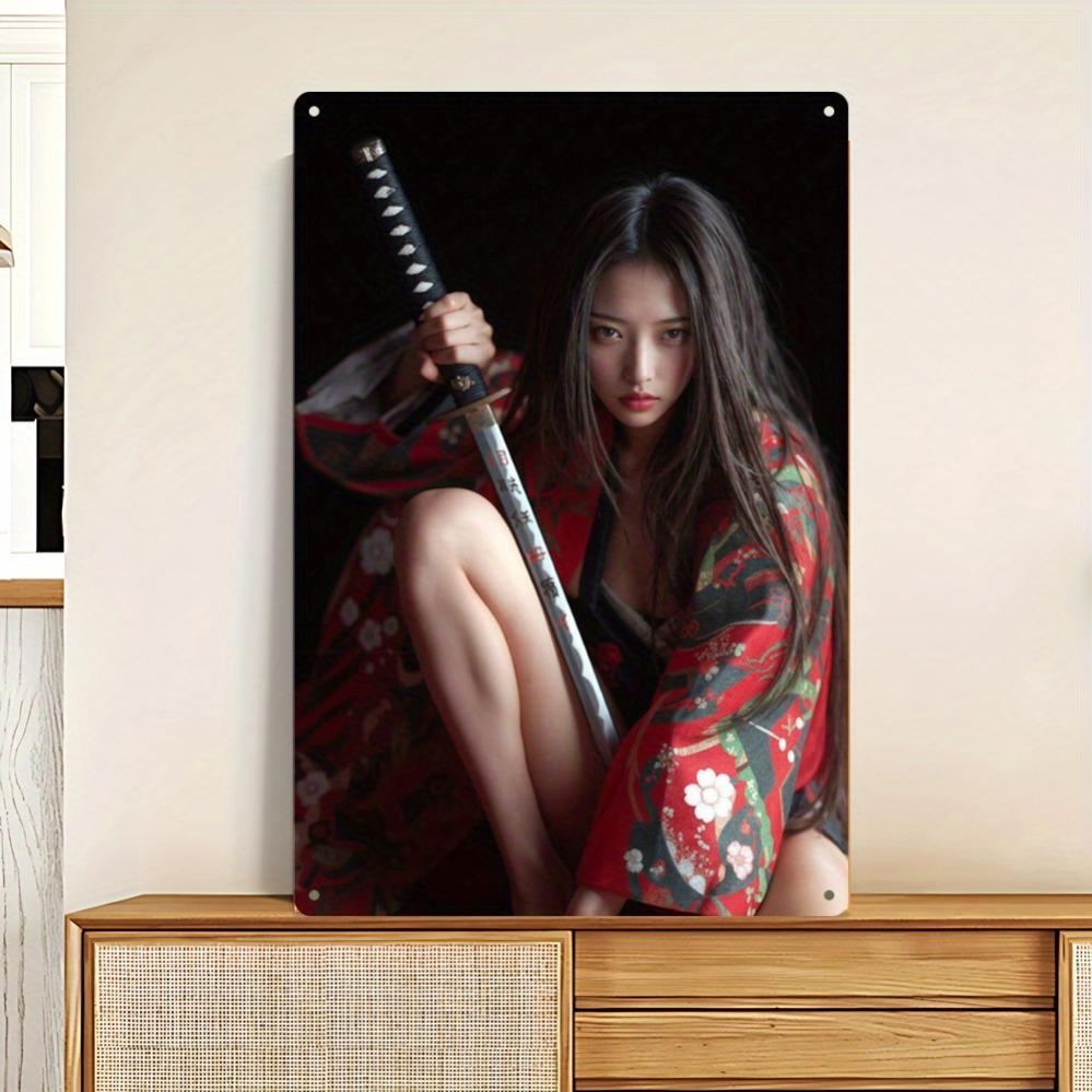 HD Tin Sign Japanese Samurai Girl Katana Kimono Vintage Metal Wall Art Decor for Home Bar Man Cave