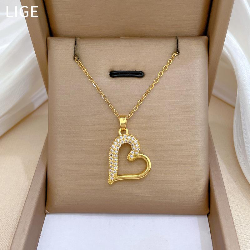 Love Peach Heart Full Diamond Light Luxury Temperament Gorgeous Full Diamond Necklace Female Versatile Collarbone Chain Titanium Steel Chain