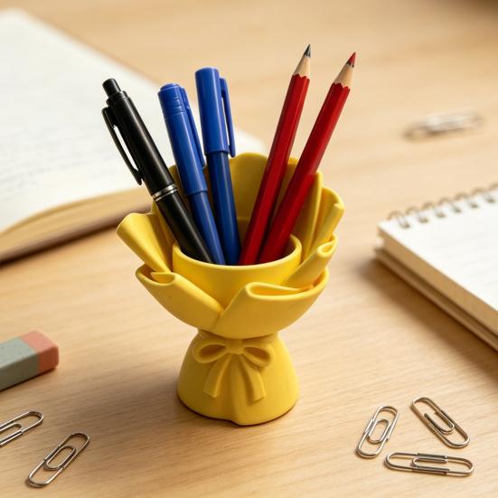 3D Printed Bouquet Pen Holder Planter, Mini Desk Decor with Bow & Artificial Flowers, Multifunctional PLA Craft for Pencil Organizer Pot, Romantic