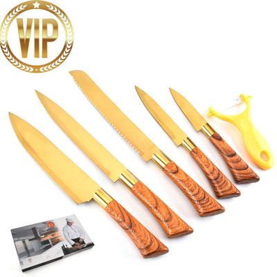 Set di 6 coltelli in acciaio inossidabile con set di coltelli placcati in oro Coltello da cucina Manico con copertura in venature del legno Coltello affilato da chef