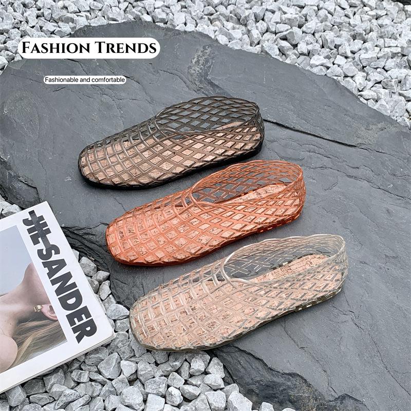 2025 Women's Mesh Slip-On Jelly Sandals: Crystal, Hollow Out, Flat Bottom, Comfortable, Casual Korean Style.
