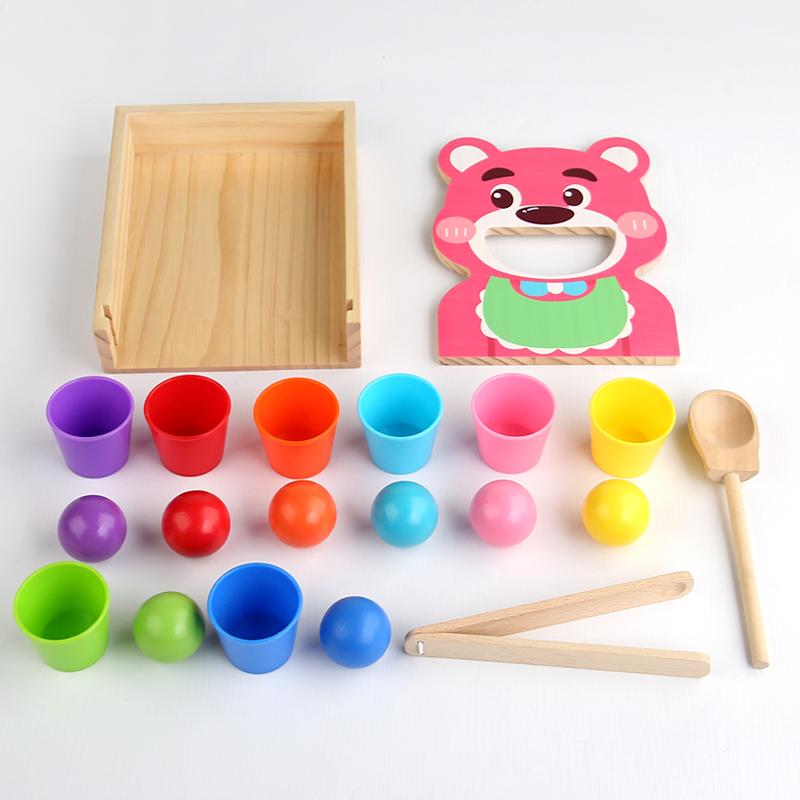 Simulated Bear Feeding Game Montessori Wooden Toy Spoon Training Toy for Early Education Color Classification Cup Stacking