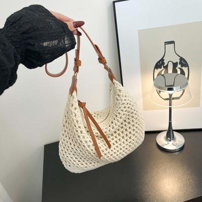 Borsa Hobo Uncinetto Bohemien da Donna, Borsa a Spalla in Paglia Lavorata all'Uncinetto con Nappa in Pelle, Perfetta per Vacanze al Mare e Uso Quotidiano