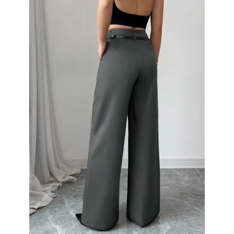 2026 Fashion High Waisted Wide Leg Trousers with Belt Solid Color Office Wear Casual Business Straight Leg Pants Spring Women's Bottoms