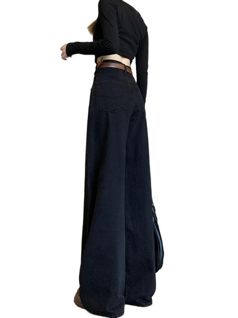 Women's Plus Size High Waist Black Wide Leg Jeans - Floor Length, Slimming, Versatile, Loose Fit