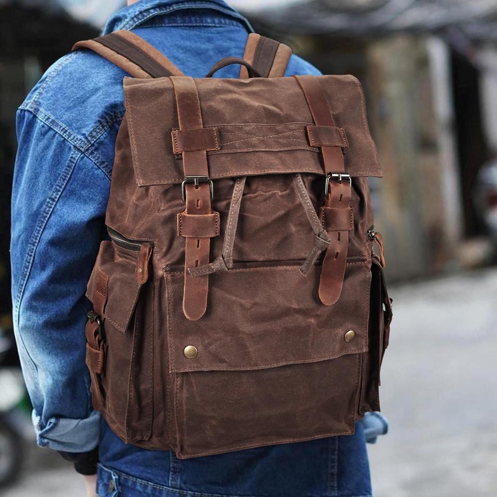 Zaino in Tela Cerata da Uomo - Zaino Impermeabile da Viaggio all'Aperto con Pelle Crazy Horse, Borsa Resistente Vintage a Doppia Tracolla 5358#