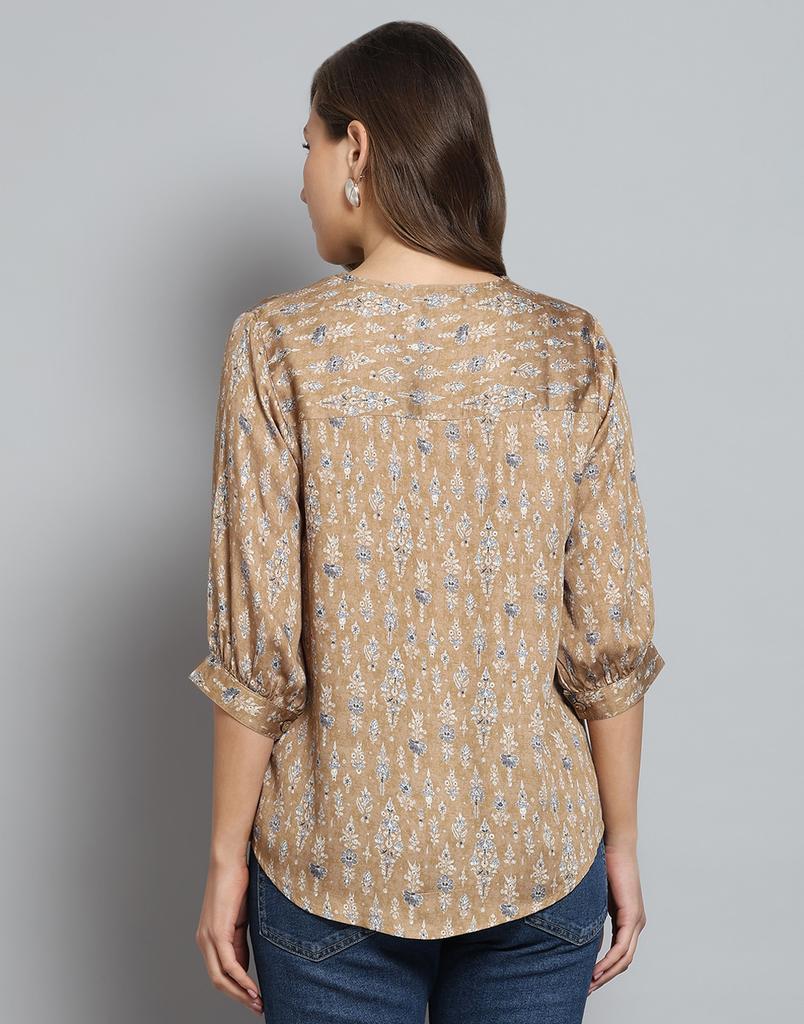 Monte Carlo Womens Printed Khakhi Round Neck 3/4 Sleeve Top