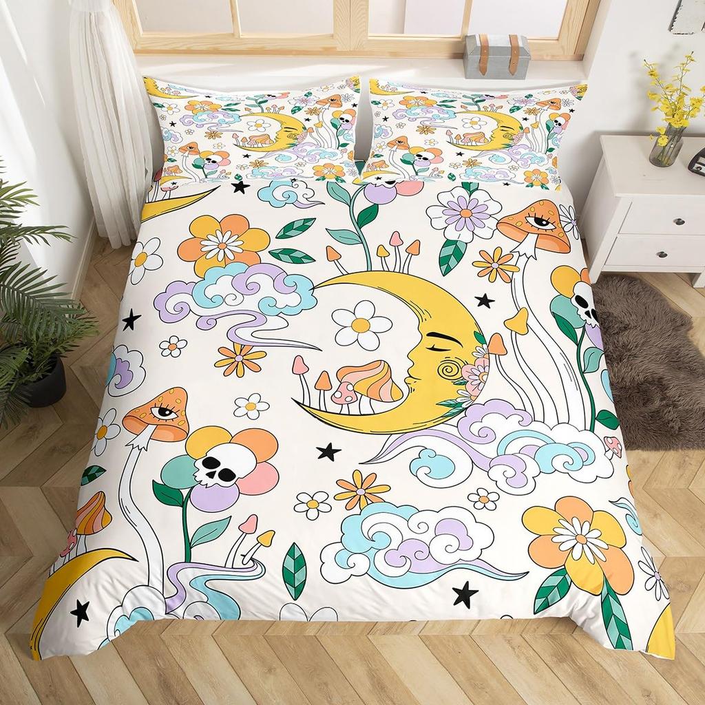 Mushroom And Moon Duvet Cover Sets For Teens Lightweight Quilt Cover With 2 Pillowcase Night Plants Themed Bedding Sets No Quilt