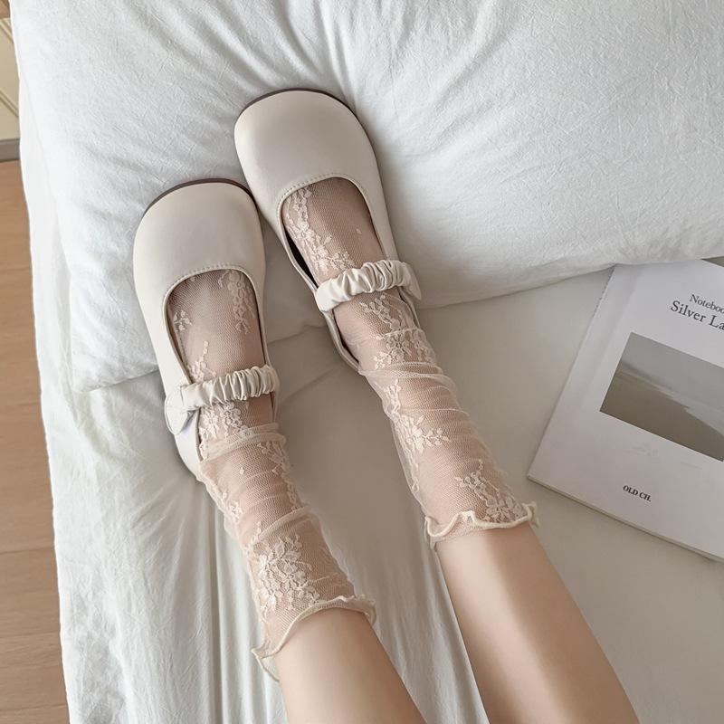 White Lace Socks for Women, Mary Jane Small Leather Shoes, Mid-calf Socks, Mesh Lace, Summer Pile Socks, Summer Thin Style