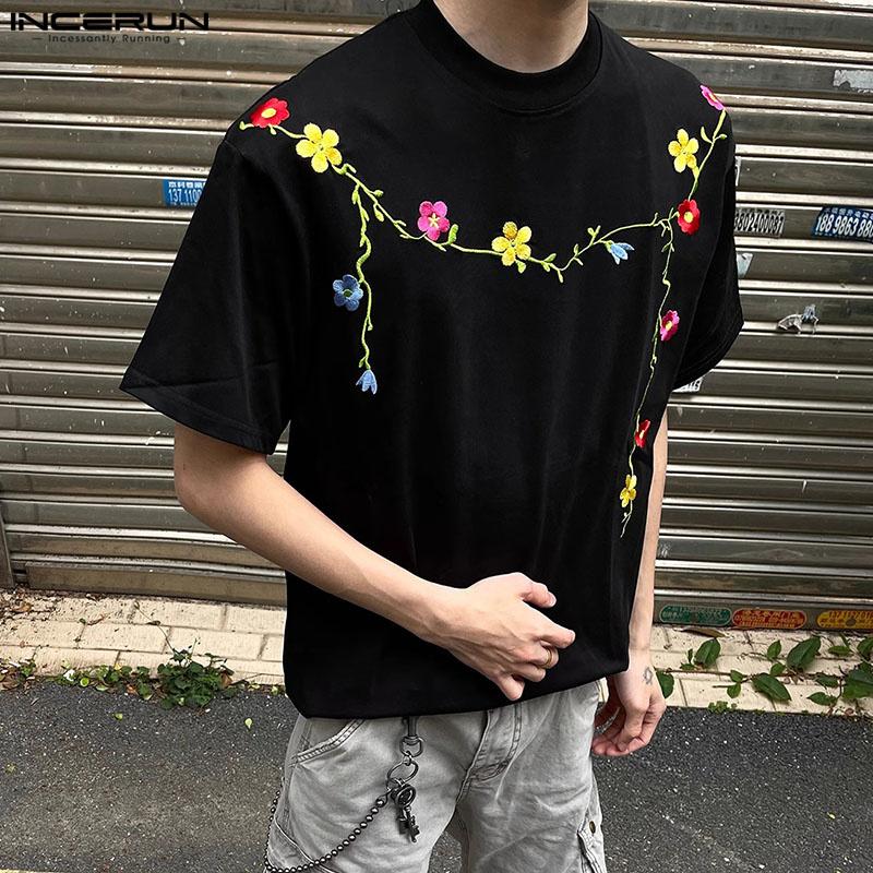 INCERUN Summer Men O-neck Short Sleeve Embroidery Casual Oversized T-shirts
