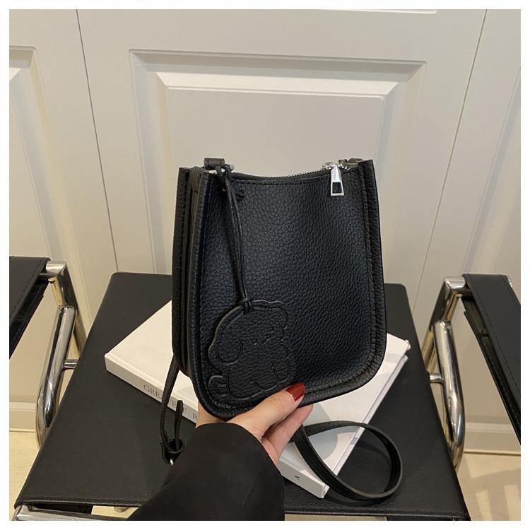 Color Simple Solid Lychee Pattern Embossed Women Square Bag With Pendant Cartoon