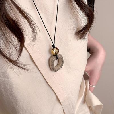 Yousheng Women Necklace Geometric Square Bead Pendant Necklace Long Style Sweater Necklace Versatile Clothing Accessories