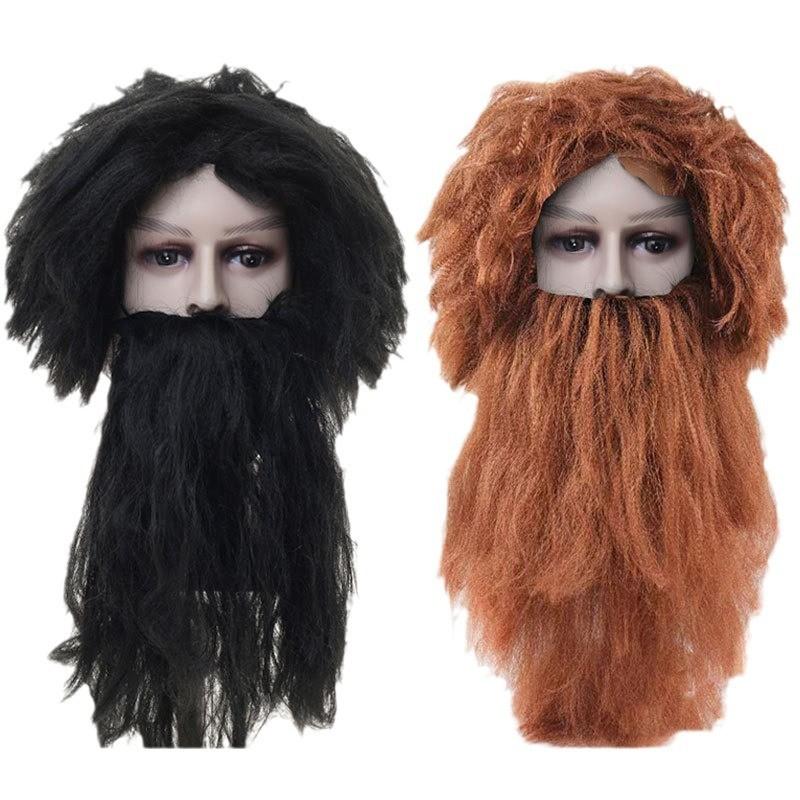 Authentic Long Black Wildman Wig And Beard Costume Set For Halloween Celebrations
