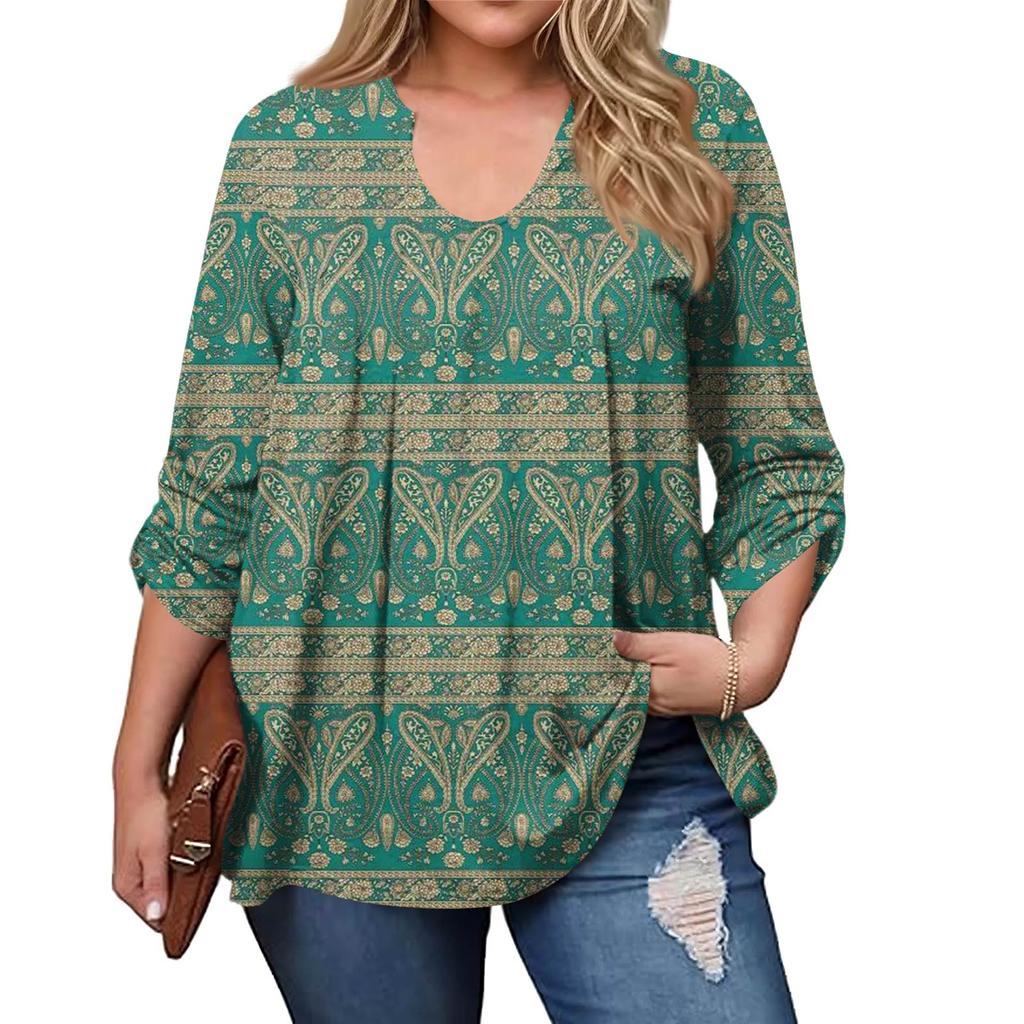 Women's Plus Size Fashion Printed Casual Pleated Round Neck Long Sleeve Top