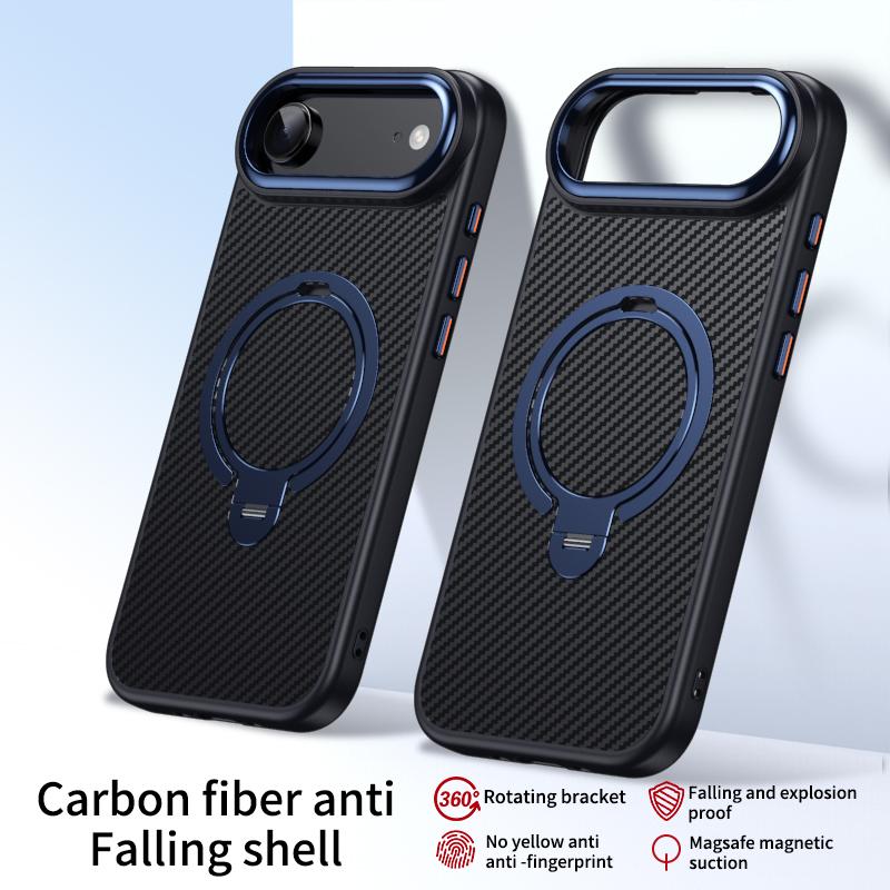 Carbon Fiber Rotating Stand Magnetic Magsafe Phone Case For iPhone 17 16 15 14 13 12 Pro Max 17Air 16E Metal Camera Frame Button