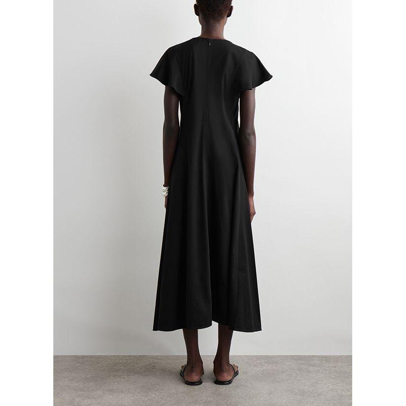 CS Summer New Product Women's Clothes Cotton Pleated V Neck Standard Edition Flounced Sleeve Mid Length Long Length Dress 1272841