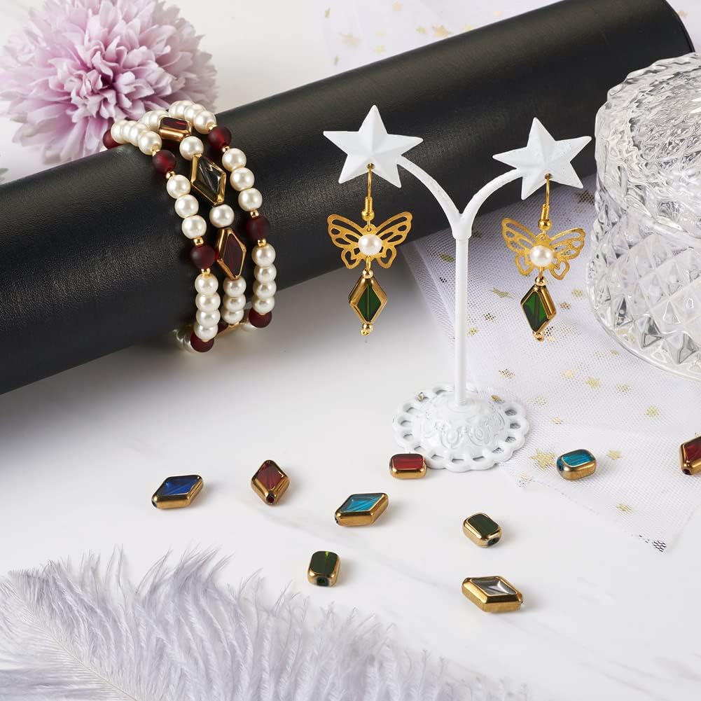 KISSITTY 112Pcs Electroplate Glass Bead Edge Plated Rectangle & Rhombus Spacer Loose Bead Clear Glass Crystal Bead Charm Jewelry Bead for Bracelet