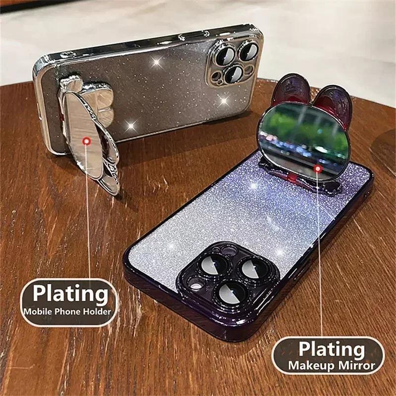 Rabbit Mirror Bracket Case for IPhone 16 Pro Max 15 14 Plus 13 12 Pro 11 Pro Max XR XS MAX X 7 8 Plus Seismic Protective Shell