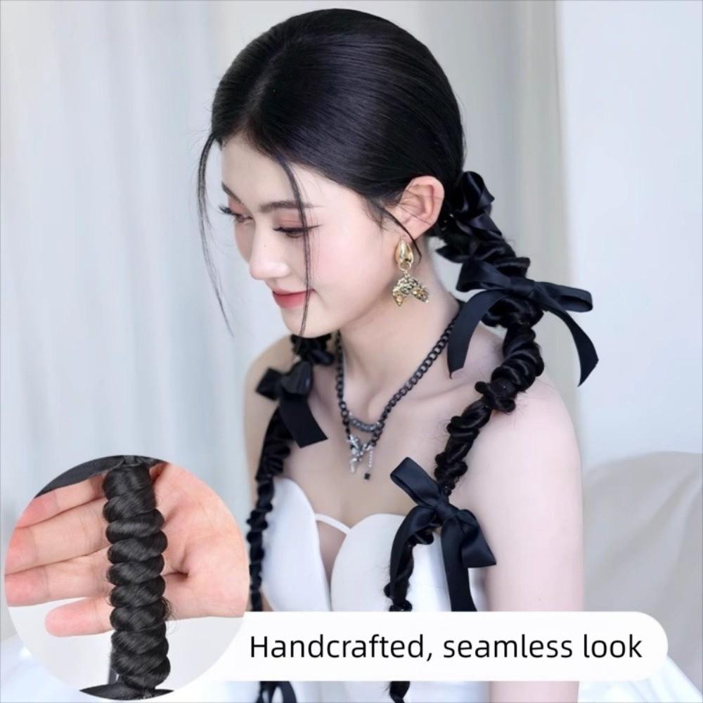 1Pair Fried Dough Ribbon Bow Double Ponytail Handmade Long Braiding Hair Extensions  Women/Girls