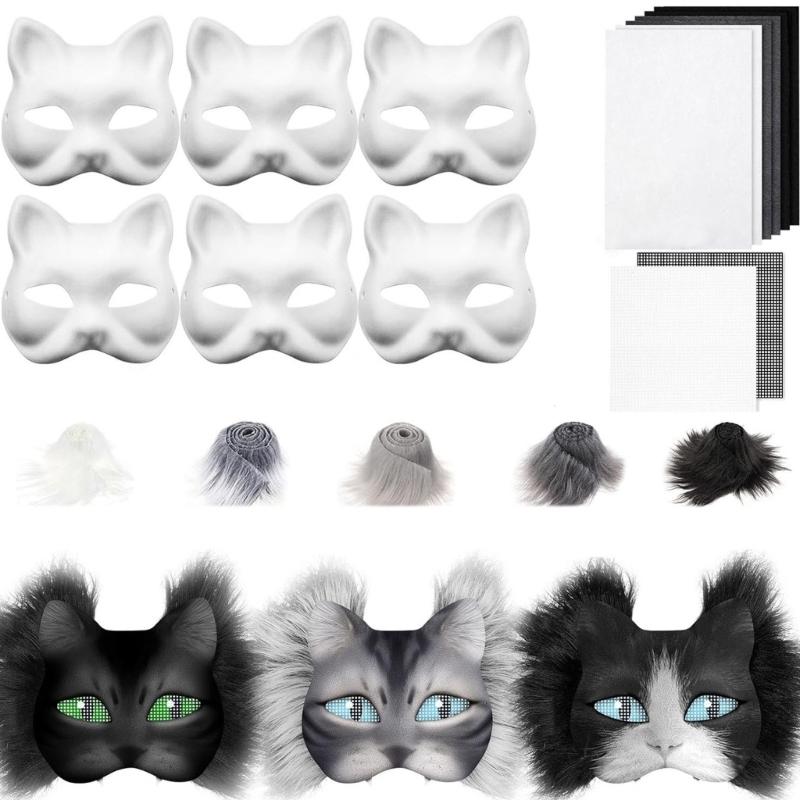 Cats Foxes Mask with Furs Eye Meshes Gem Sticker,Therians Dress Up Mask to Paint,Animal Mask Arts Craft Kit,Costume Mask