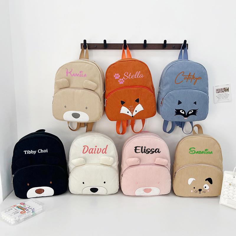 Customized Name Toddler Cartoon Backpack Cartoon Bear Corduroy Large Capacity Backpack Embroidered Name Backpack Cute Plush Bag