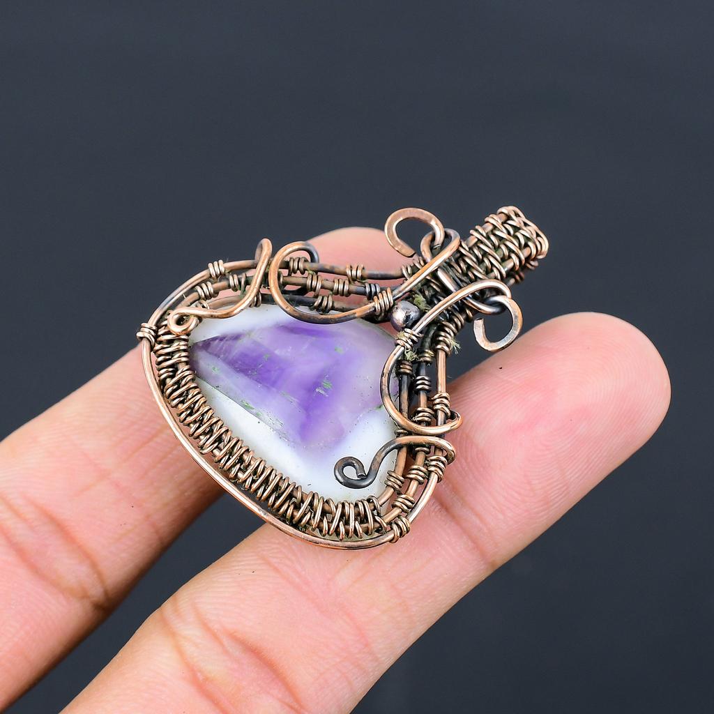 Natural Sage Amethyst Gemstone Handmade Copper Wire Wrap Pendant 1.85" s0P04