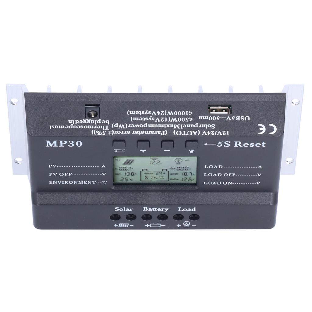 Solar Charge Controller 30A 12/24V LCD Display Backlight Circuit Protection USB Port MPPT PWM