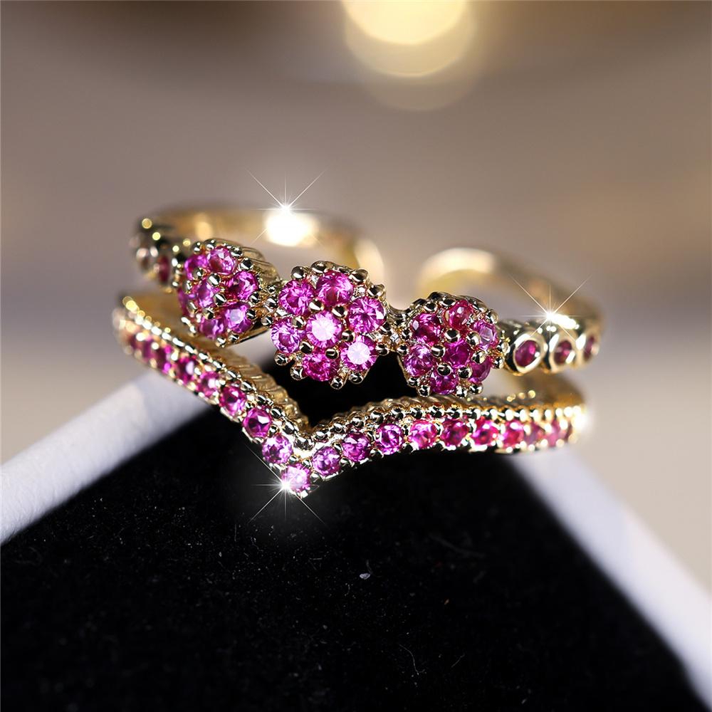 Charm Female Green Purple Blue Zircon Stone Open Adjustable Ring Vintage Gold Color Wedding Jewelry For Women