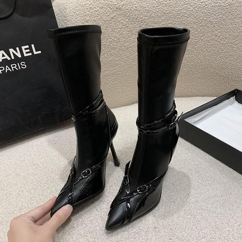 Fashion 11CM Super High Heel Black Women Mid-calf Boots Autumn Leather Buckle Ladies Elegant Pointed Toe Short Botas Zapatos De Mujer