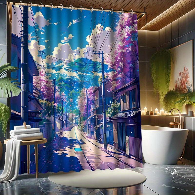 

Шторка для душа с изображением аниме-пейзажа на улице - 12 крючков, прочный полиэстер, тематика мультяшного пейзажа, современный декор для ванной комнаты на все сезоны W90XH180cm