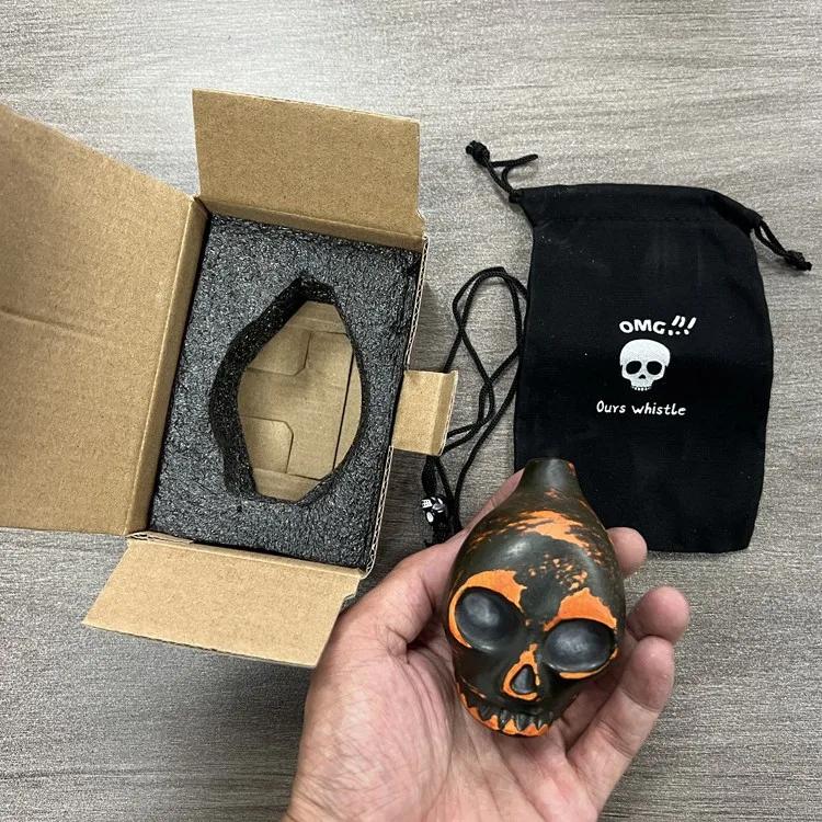 

1pc Aztec Death Whistle | Antique Style Ceramic Wind Instrument with Lacquer Finish, Black& Orange Design, Includes Carrying Bag