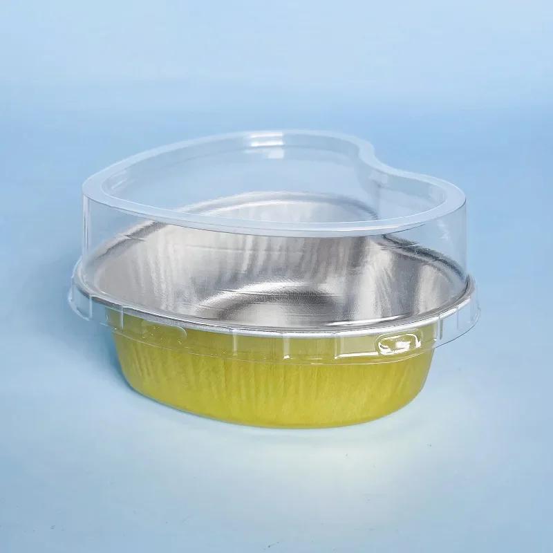 Disposable Heart Shaped Cake Pan Colorful Aluminum Foil Baking Mold Cupcak Pudding Cups with Plastic Dome Lid Heart золотой