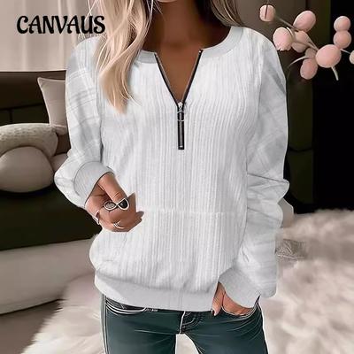 Autumn and Winter Women's Plus Size Long Sleeve Pullover Printed V-Neck Zip Top