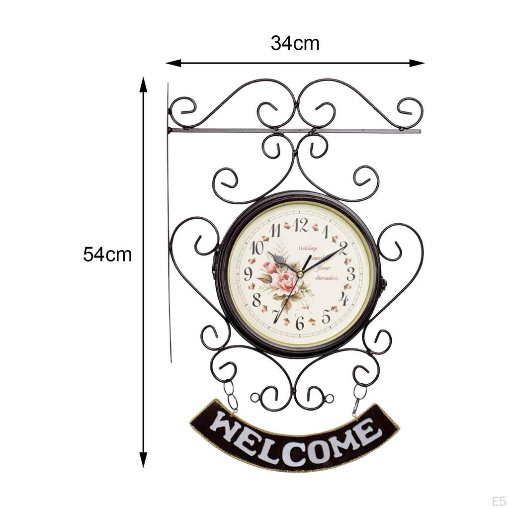 Antique Double Sided Wall Clock Silent Iron Faced Hanging Round Quiet for Hallway
