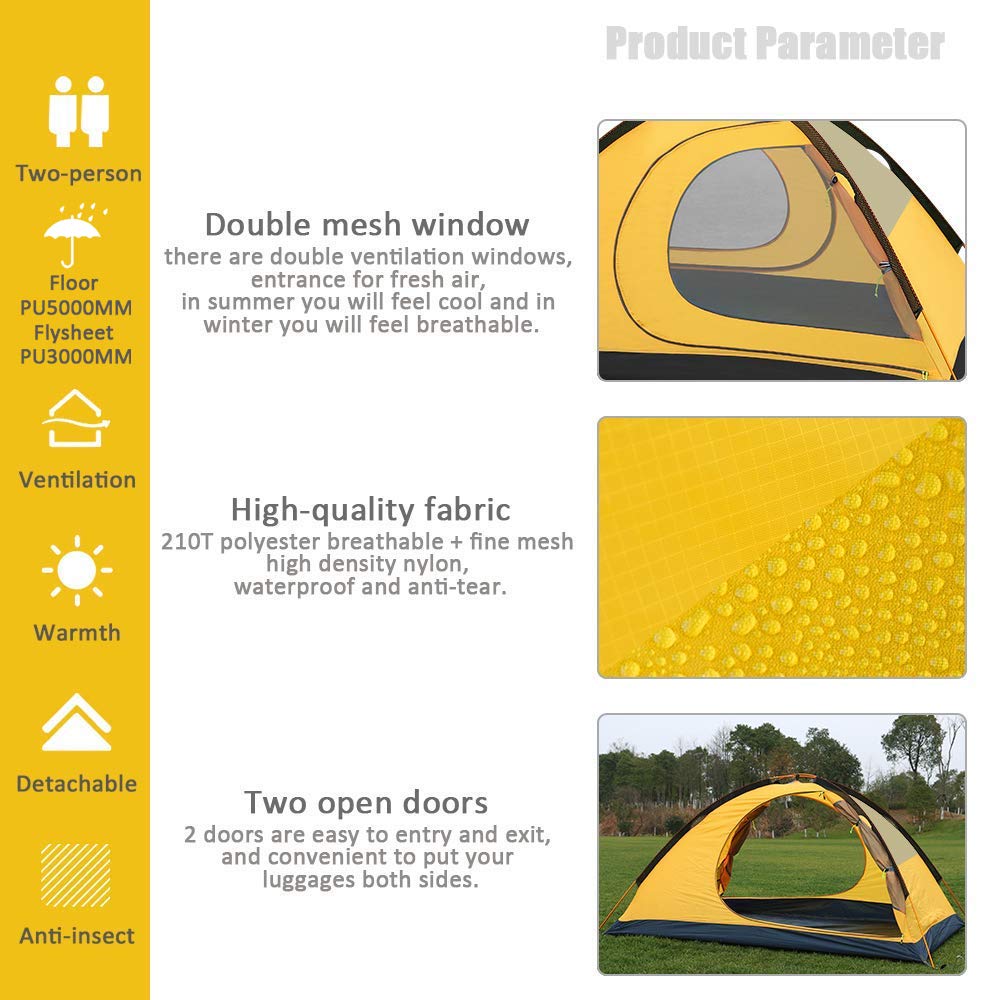 GEERTOP 2 Person Solo 4 Double Water Pressure Resistance Mountaineering Tent with Cold Easy Yellow Tent, Tent, Lightweight, Seasons, Layer, 5000MM,
