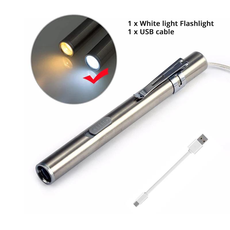 Mini Portable Medical Handy LED Pen Light Flashlight USB Rechargeable Dentist Nurse Torch with Stainless Steel Clip