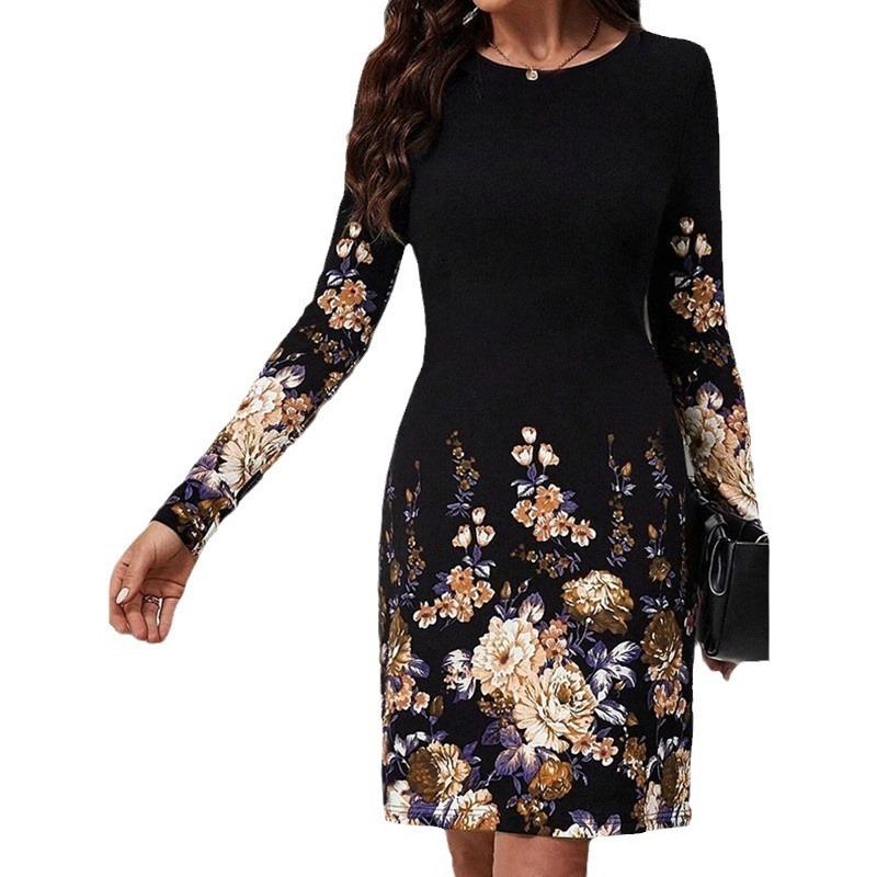 Autumn Winter Women Dress O Neck Flower Print A-Line Long Sleeve Loose Dress Casual Fashion Elegant Ladies Mini Dresses