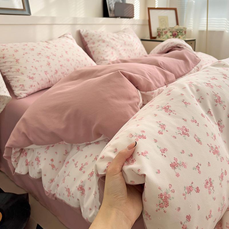 Class A Maternal And Infant Grade Knitted Cotton Double-Layer Yarn Four-Piece Set Simple Floral Bed Sheet Quilt Cover Dormitory 3Pcs Set Factory
